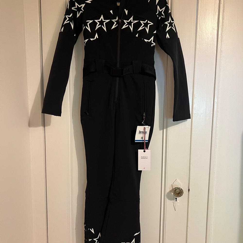 NWT Perfect Moment Tignes One-Piece Black Star Ski Suit, size XS
